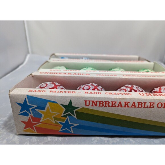 Vintage Unbreakable Italian Stencil Ornaments w/Boxes Lot Of 10 Red Blue Green - Picture 7 of 10